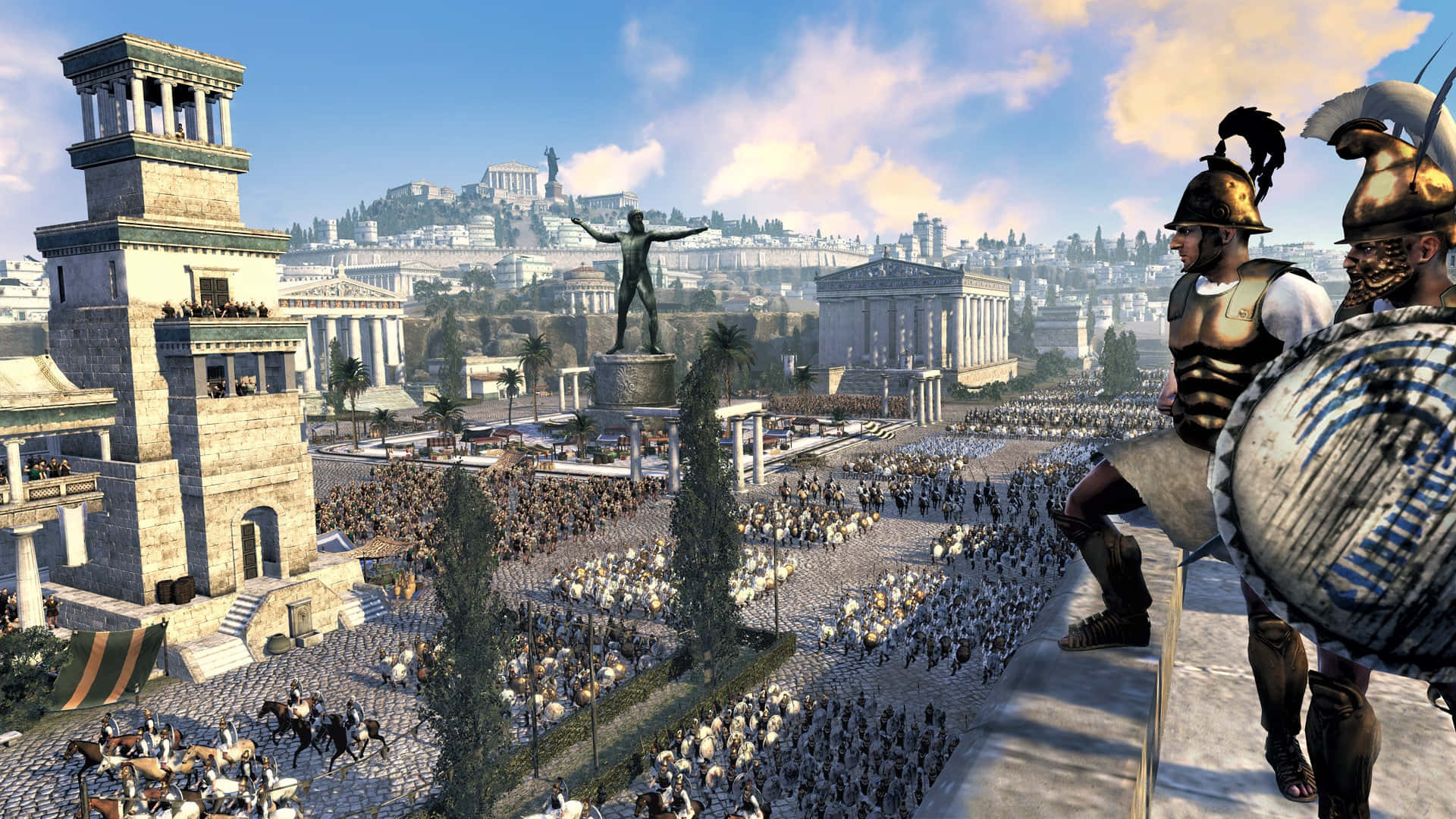 《Total War：羅馬2》最佳背景——古都藍天 壁紙 — 古希臘城市景觀，士兵身穿盔甲俯瞰擁擠的廣場和遠處的雅典衛城，天空湛藍明亮。