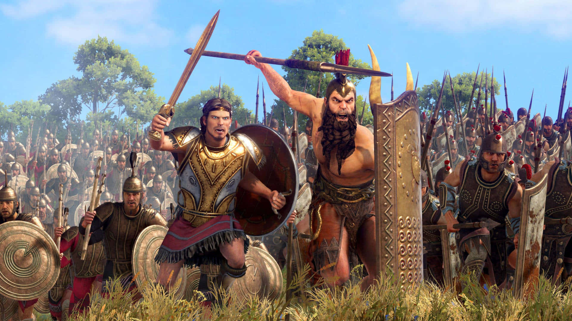 《Total War：羅馬2》最佳背景——進攻戰場 壁紙 — 古代戰士身穿金色盔甲，手持長矛和盾牌，在陽光照耀的草地上向前衝鋒。