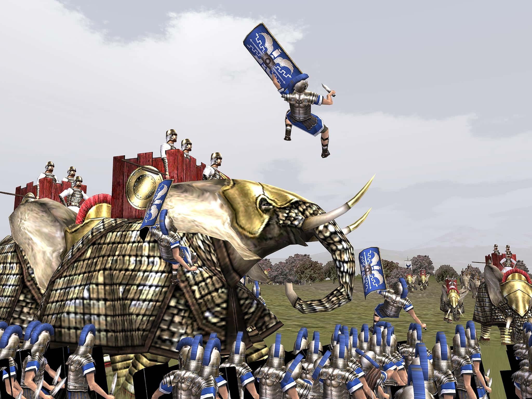 《Total War：羅馬2》率領部隊贏得勝利 壁紙 — 一個戲劇性的古代戰鬥場景，裝甲士兵和大象在陰天天空下衝過草地。