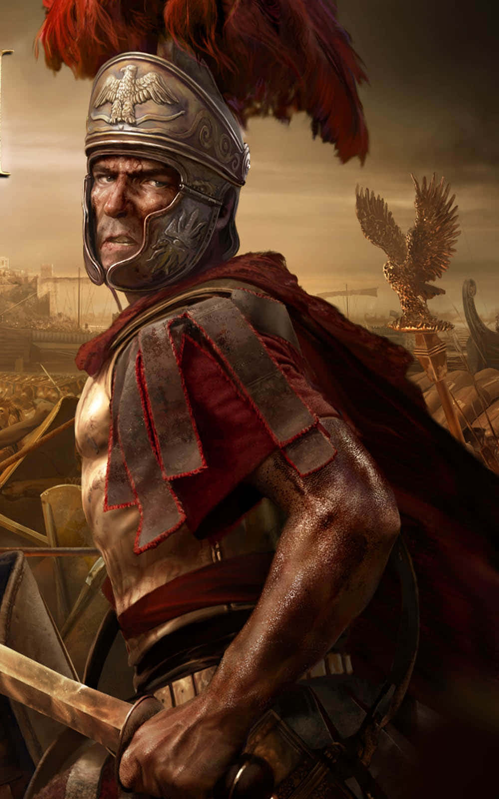 《Total War：羅馬2》精緻角色藝術圖 壁紙 — 一位嚴肅的羅馬軍團士兵，身穿精細盔甲和紅色羽飾頭盔，手持劍在塵土飛揚的戰場背景下準備就緒。