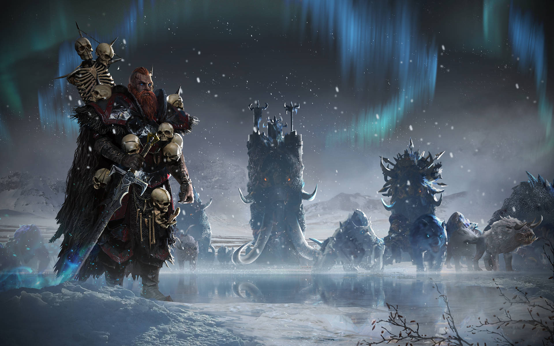 Total War 部落酋長與軍隊 壁紙 — 一位鬍鬚戰士裝飾著頭骨，站在雪景中，背景有發光的極光、怪物和尖刺塔。