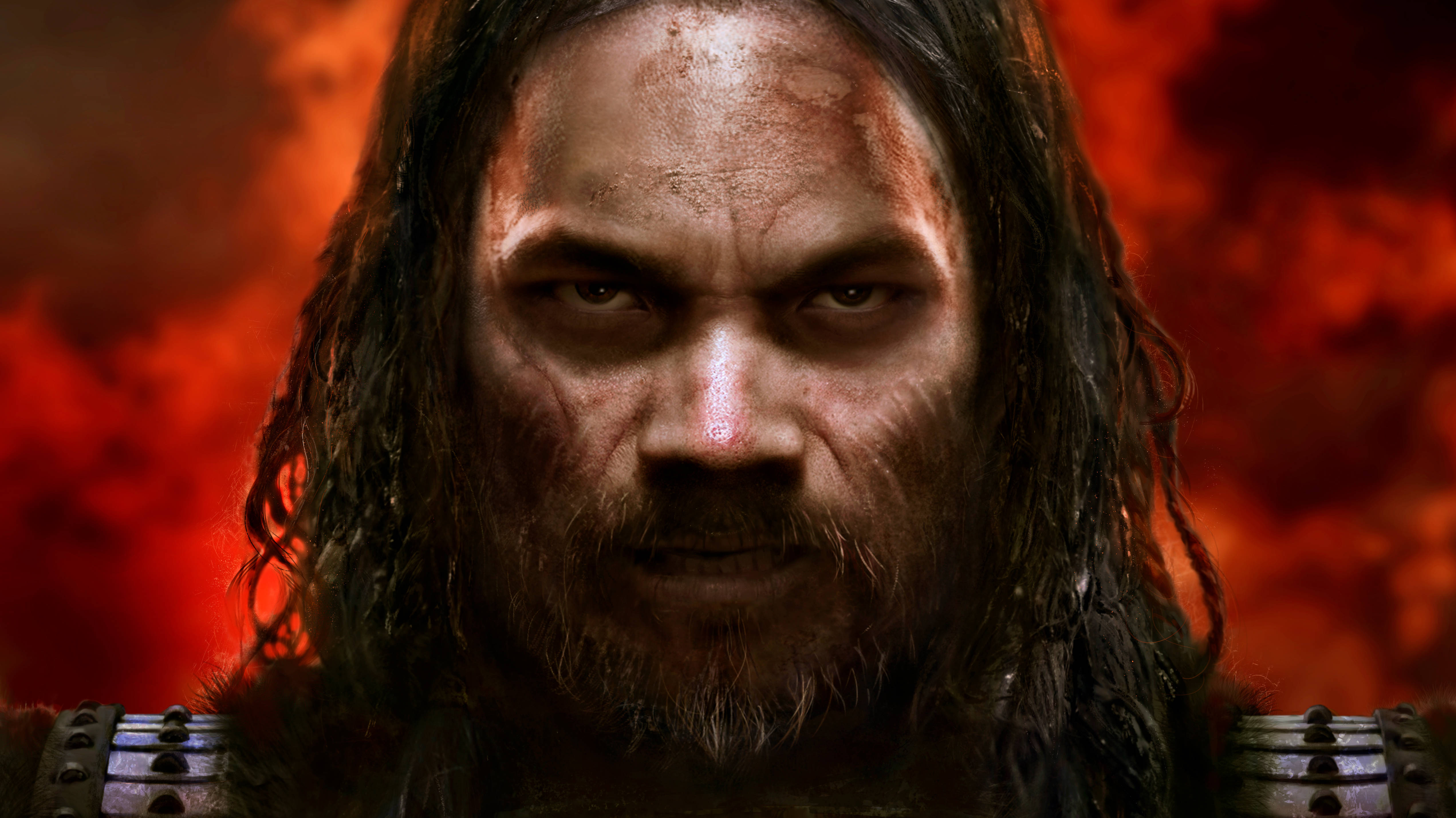 Total War：阿提拉 戰神 壁紙 — 一個滿臉鮮血、長髮飄逸的兇猛戰士，在火紅的天空下凝視著。