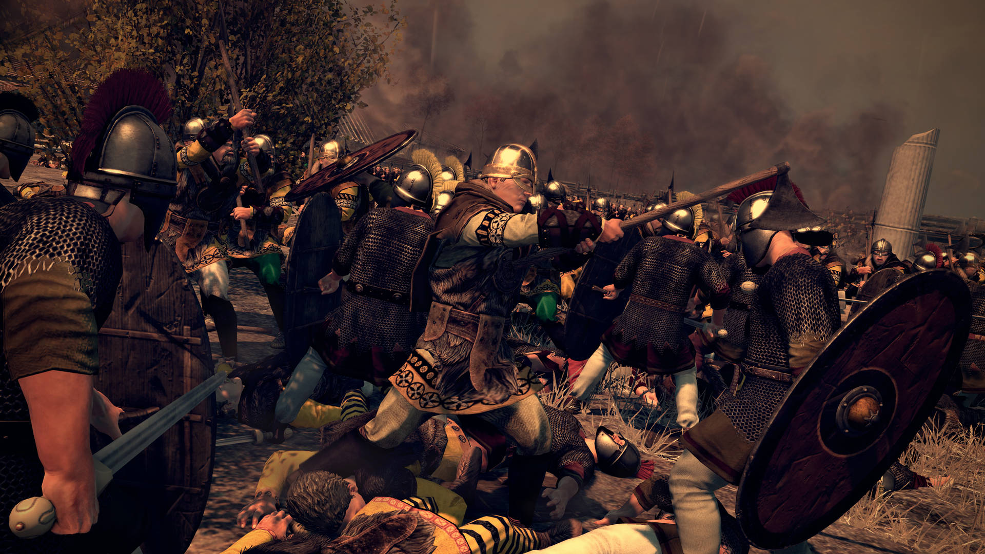 Total War：阿提拉 血戰場面 壁紙 — 羅馬軍團士兵在煙霧和倒下的士兵中，用盾牌和劍進行殘酷的近戰衝突。