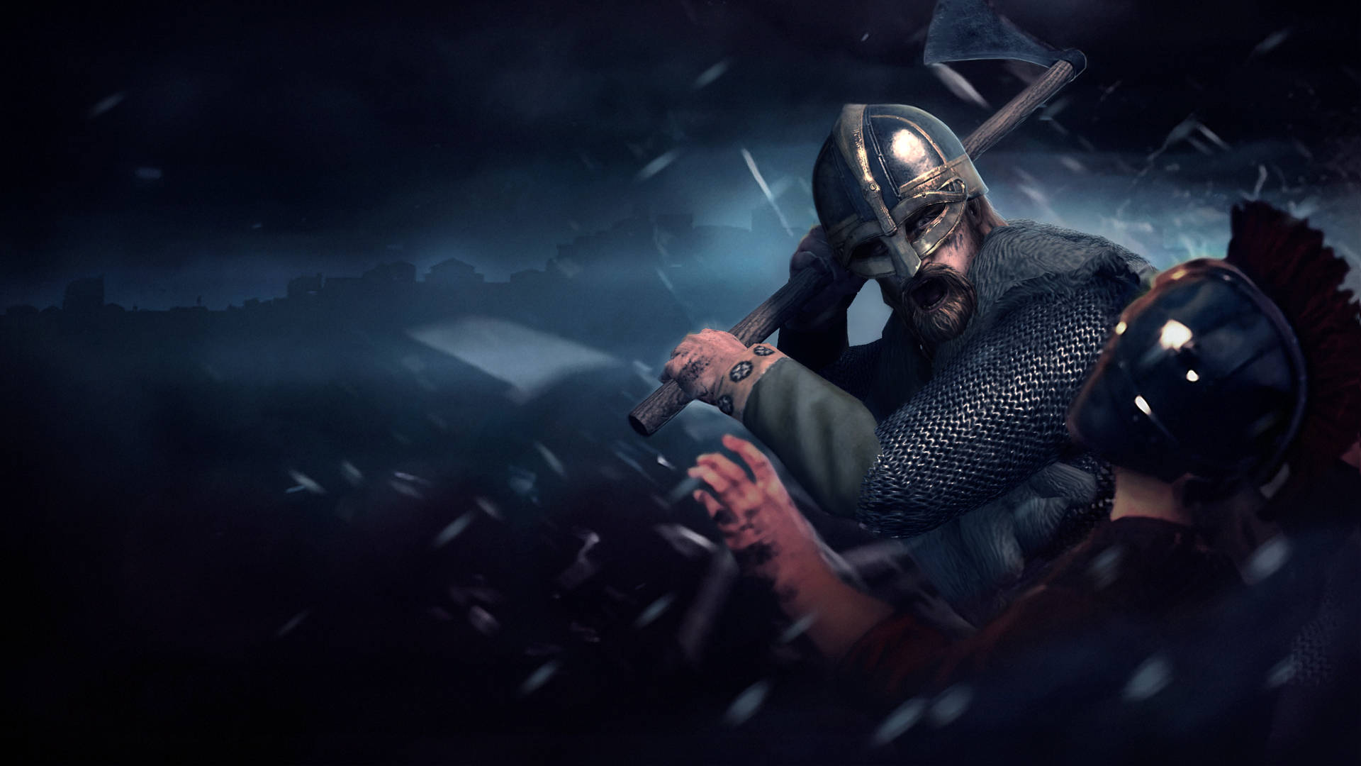 Total War：阿提拉 騎士揮斧 壁紙 — 一位身穿鎖子甲和頭盔的維京戰士在黑暗風暴的戰場上揮舞斧頭對抗對手。