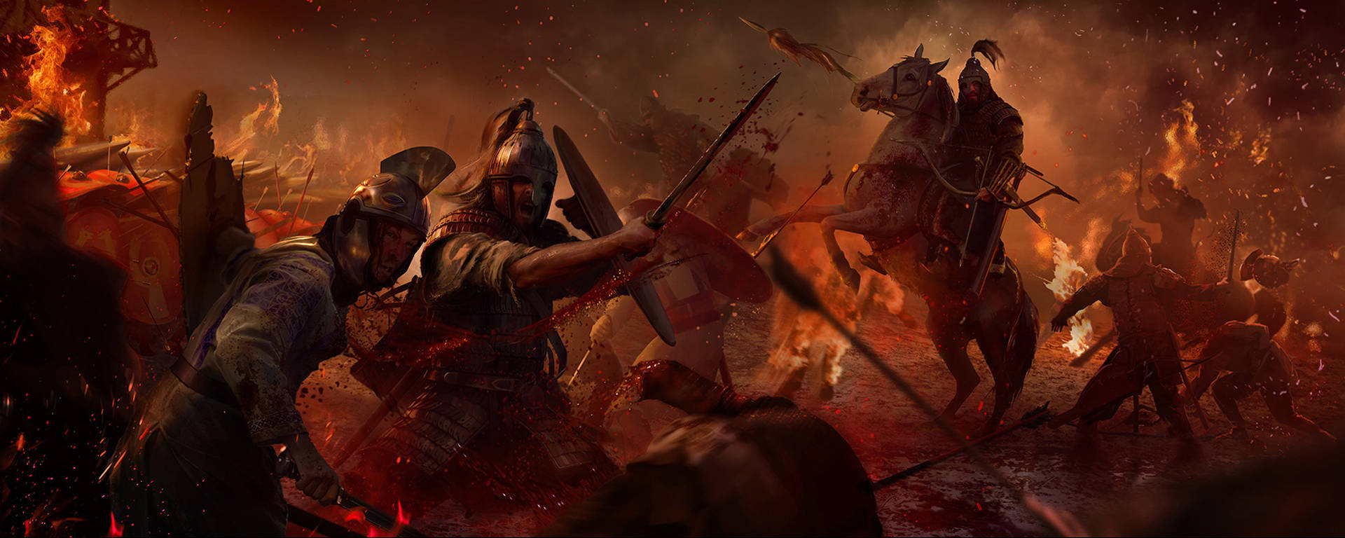 Total War：阿提拉 騎馬掠奪者 壁紙 — 戰士們在火熱的戰場上衝突，火焰爆發，士兵們在煙霧瀰漫的天空下用劍和盾牌戰鬥。