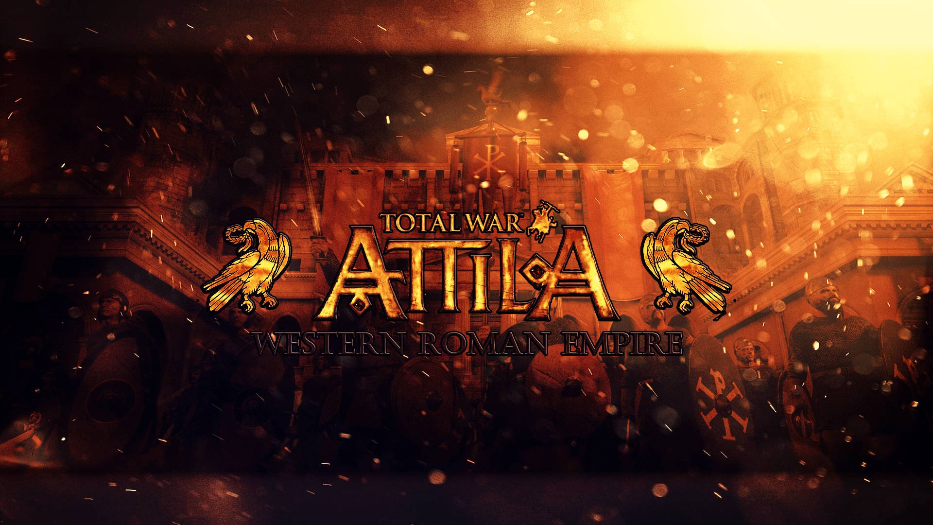 Total War 阿提拉宣傳海報 壁紙 — 金色標題 Total War Attila 在羅馬士兵和破損建築的火熱背景下閃耀。