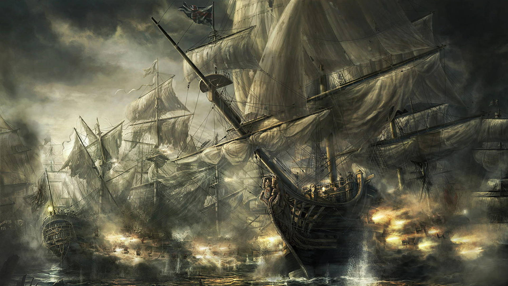 Total War 震天砲火 壁紙 — 在黑暗不祥的天空下，帆船在波濤洶湧的海上碰撞，船帆鼓脹，炮火猛烈。