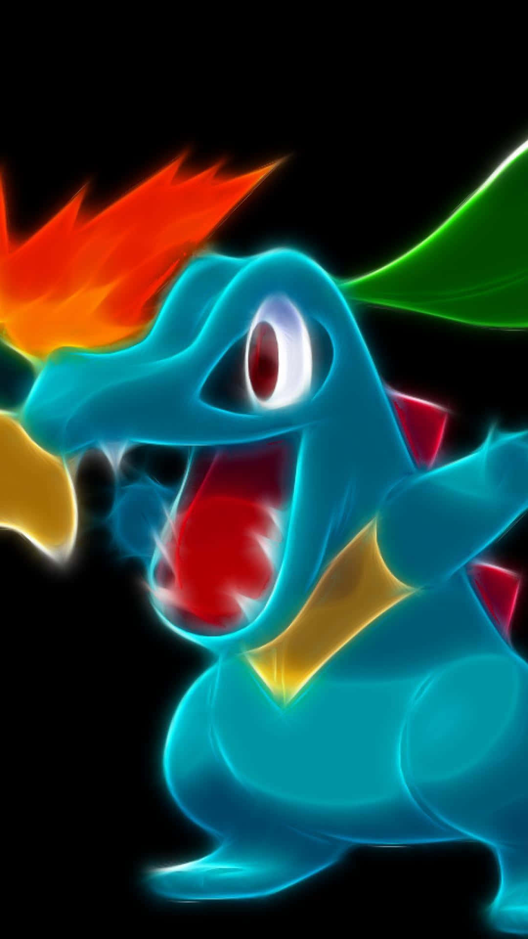 霓虹 Totodile 圖像 壁紙 — 一隻發光的藍色龍形生物，帶有火橙色冠和綠色尾巴，在黑色背景上咆哮。