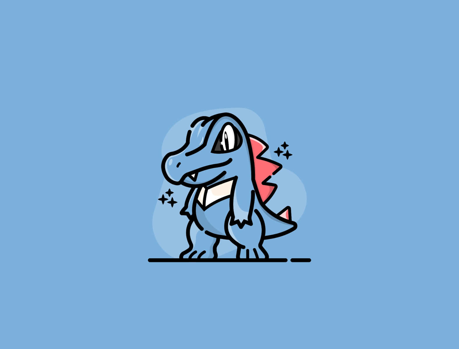 閃耀星光的_totodile 壁紙 — 一隻可愛的藍色卡通恐龍，長著紅色尖刺，在純淺藍色背景上開心地微笑。