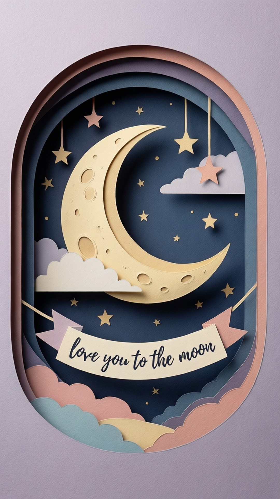 I Love You To The Moon And Back 桌布 壁紙 — 透過橢圓形窗戶看到的紙剪月亮和星星場景，帶有寫著love you to the moon的橫幅。