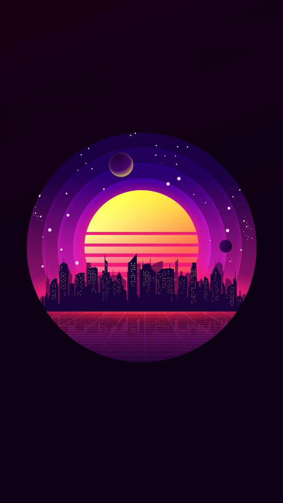圓形傳送門顯示日落時分的霓虹城市天際線，伴有漂浮行星和星星。