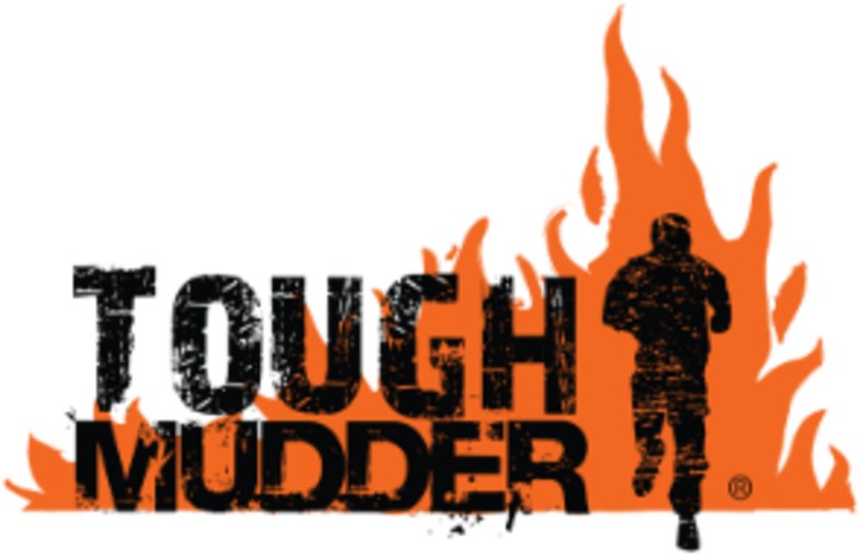 Tough Mudder標誌與跑者剪影 壁紙 — 大膽的黑色和橙色Tough Mudder標誌，帶有奔跑剪影，背景為火焰形狀。