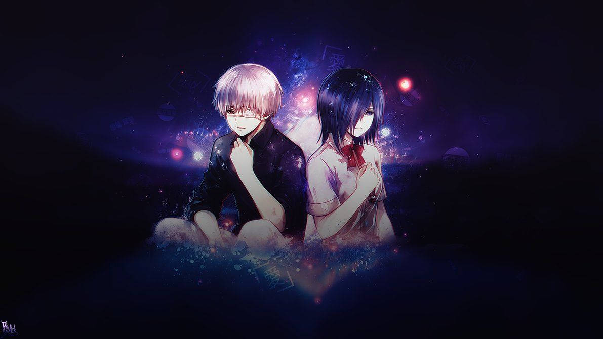東京喰種 Touka 與 Kaneki 的情侶時刻 壁紙 — 兩個動漫角色背對背坐在一個充滿紫色和藍色星星的宇宙夜景中。