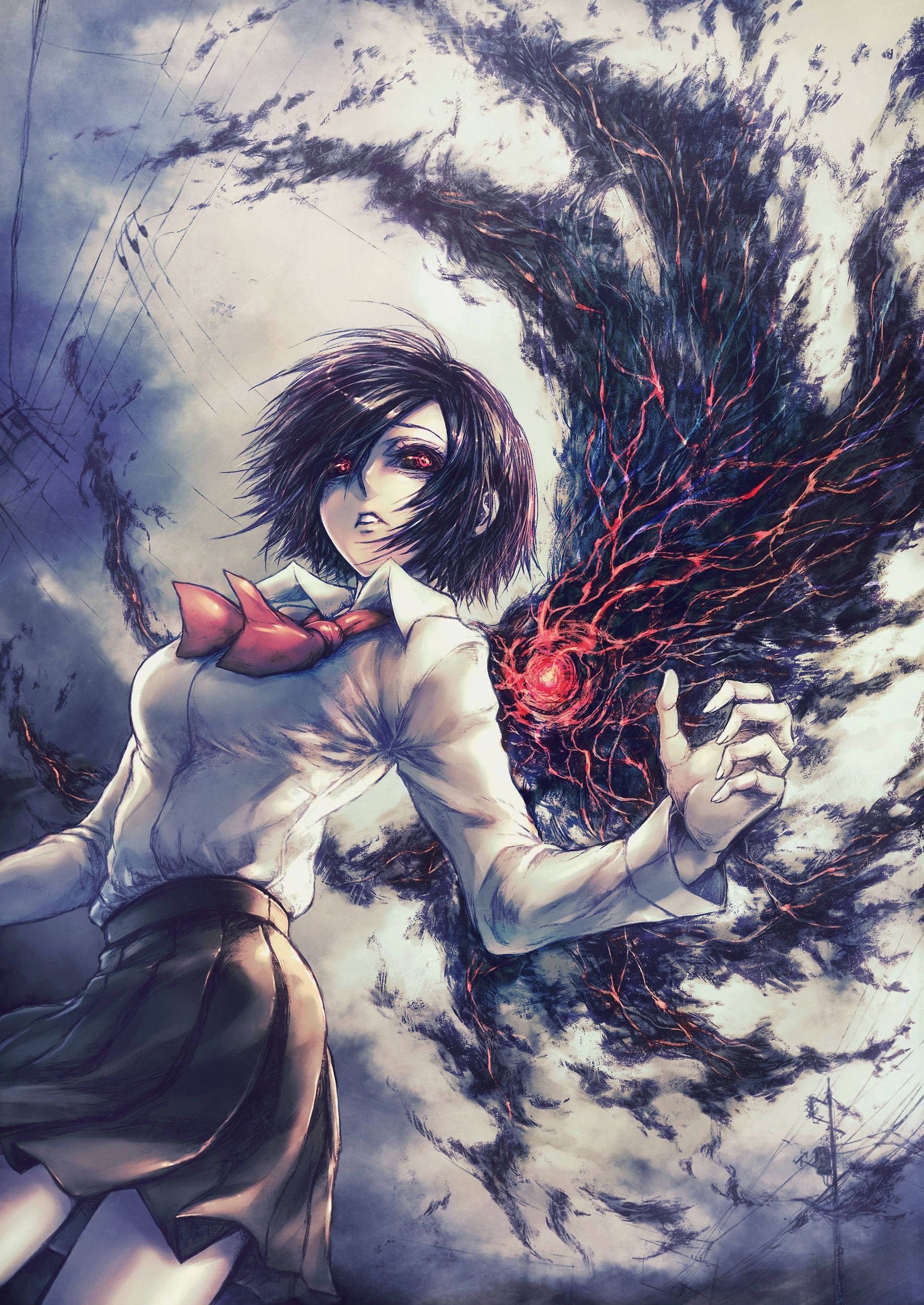 Touka Kirishima 黑色翅膀 東京喰種 iPhone 背景 壁紙 — 一位黑髮動漫少女穿著校服，在暴風雨的天空下揮舞著發光的紅色能量觸手。