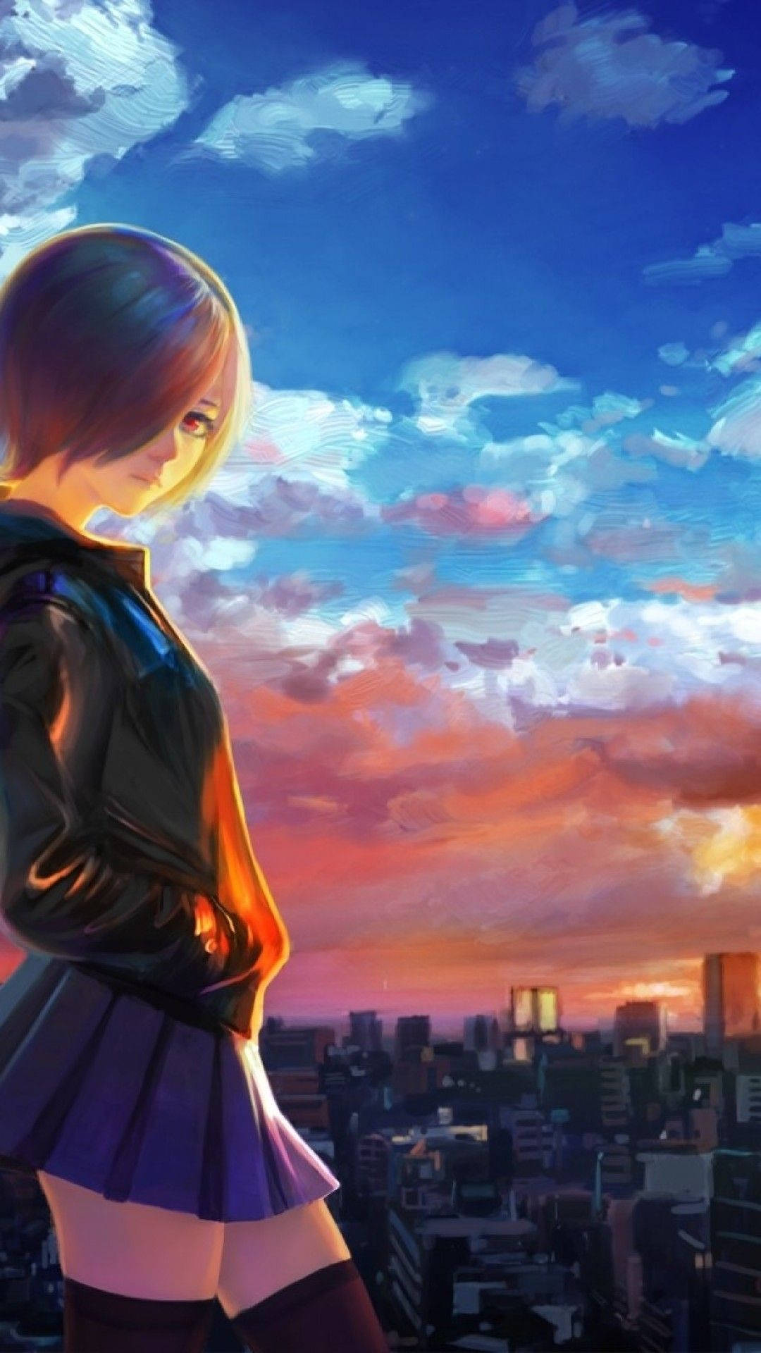 Touka Kirishima 原創插畫 東京喰種 iPhone 背景 壁紙 — 一個穿著校服的年輕動漫女孩站在那裡俯瞰夕陽下的城市景觀，天空呈現鮮豔的橙色、粉紅色和藍色。
