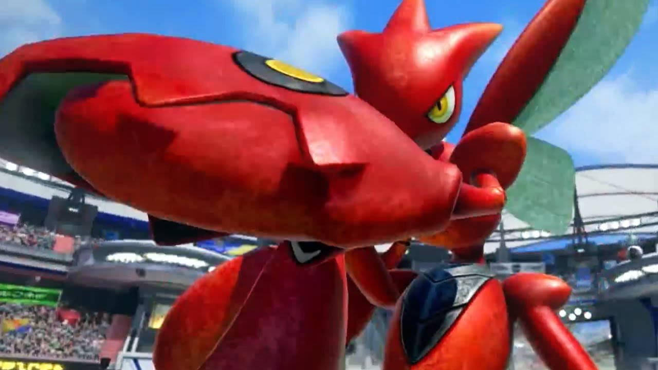 寶可夢 Tournament DX 中斯切索的 3D 特寫 壁紙 — 一隻紅色裝甲昆蟲型生物，黃色眼睛，站在一個充滿觀眾的體育場內，天空湛藍。