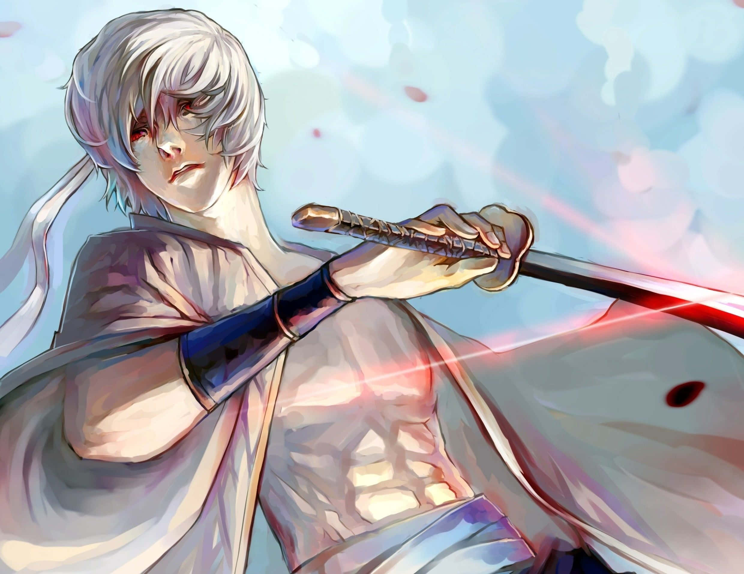 探索《Tower of God》的驚奇世界 壁紙 — 一位銀髮動漫戰士握著一把發光的紅色劍，背景是柔和的藍天和飄浮的花瓣。