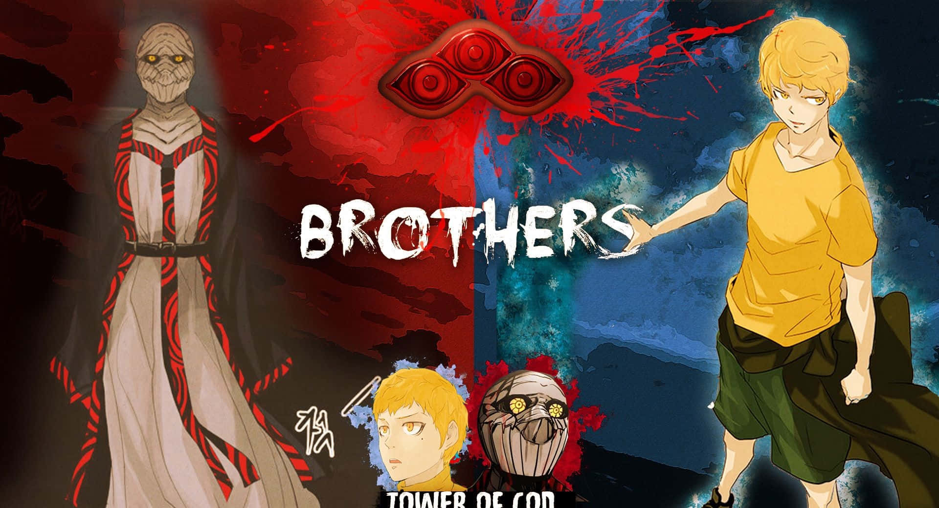 來自 Brothers 漫畫的動畫角色，紅藍背景。
