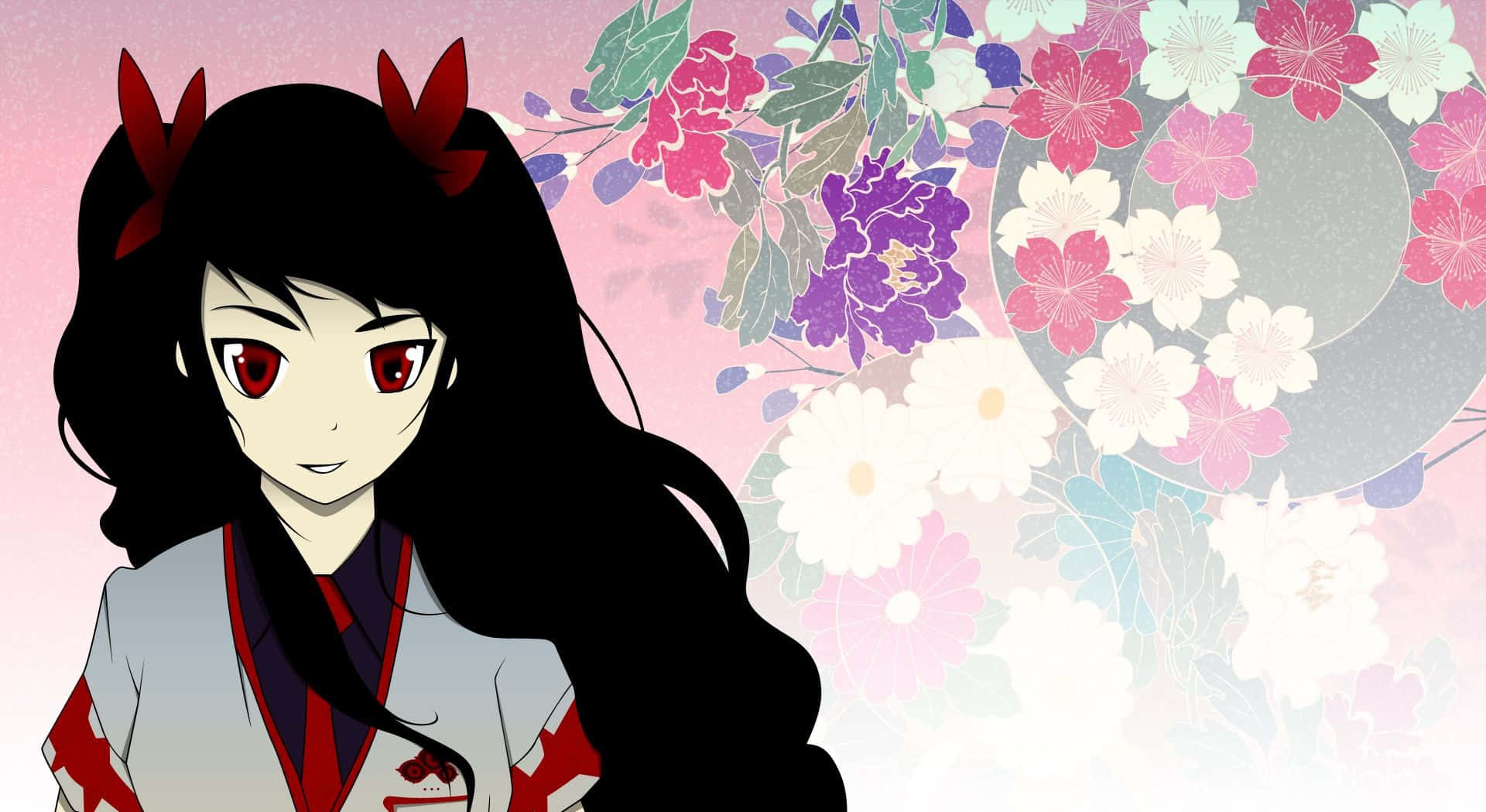 紅眼黑髮的動漫女孩，穿著傳統日本服裝，以花卉為背景。