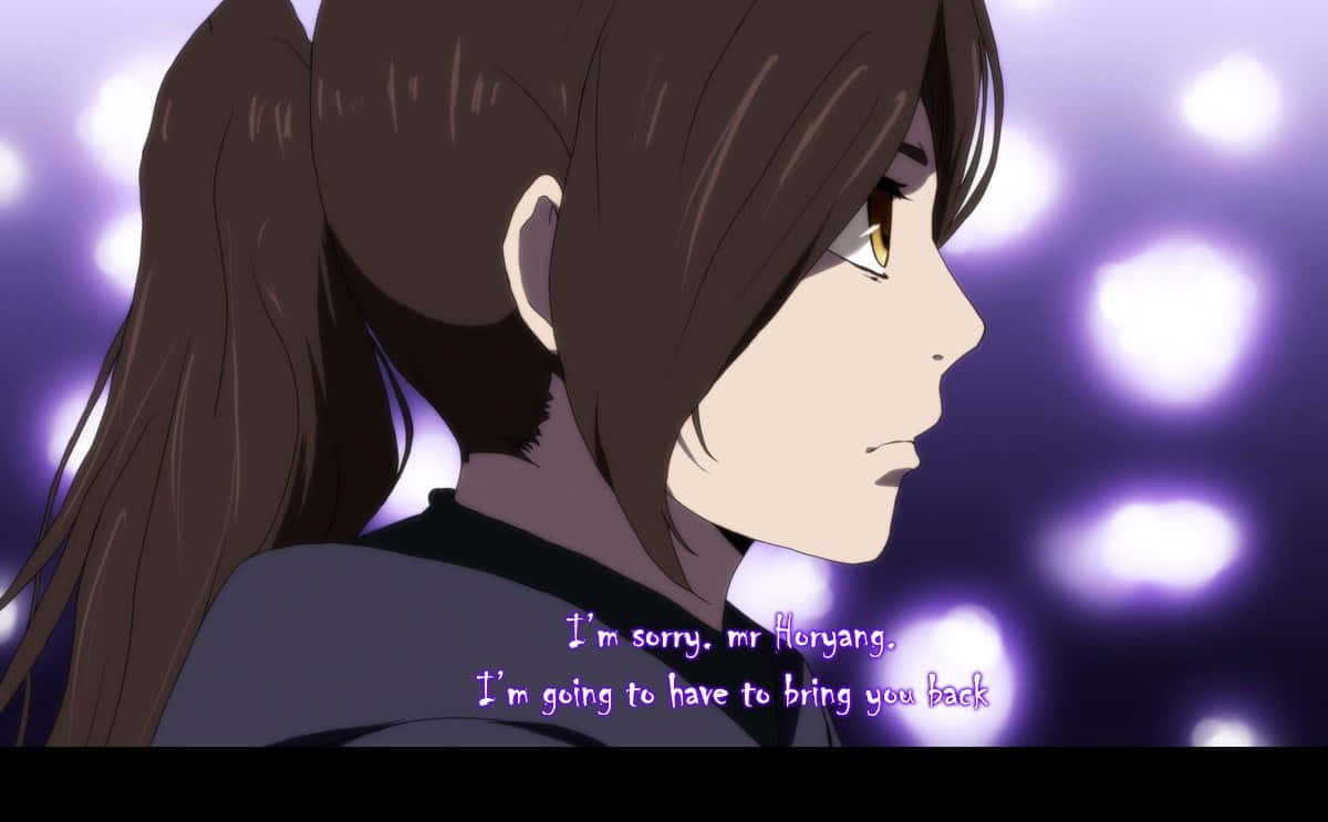 棕色馬尾辮的動漫女孩側視發光紫色背景。