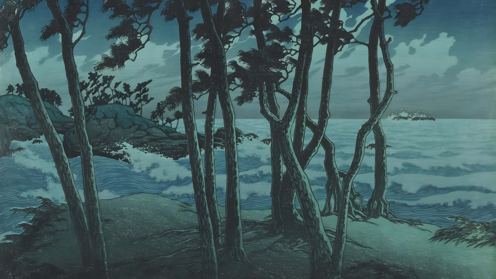  壁紙 — 高聳的松樹框住一片波濤洶湧的海洋，背景是陰鬱的暮色天空，遠處有一艘船。