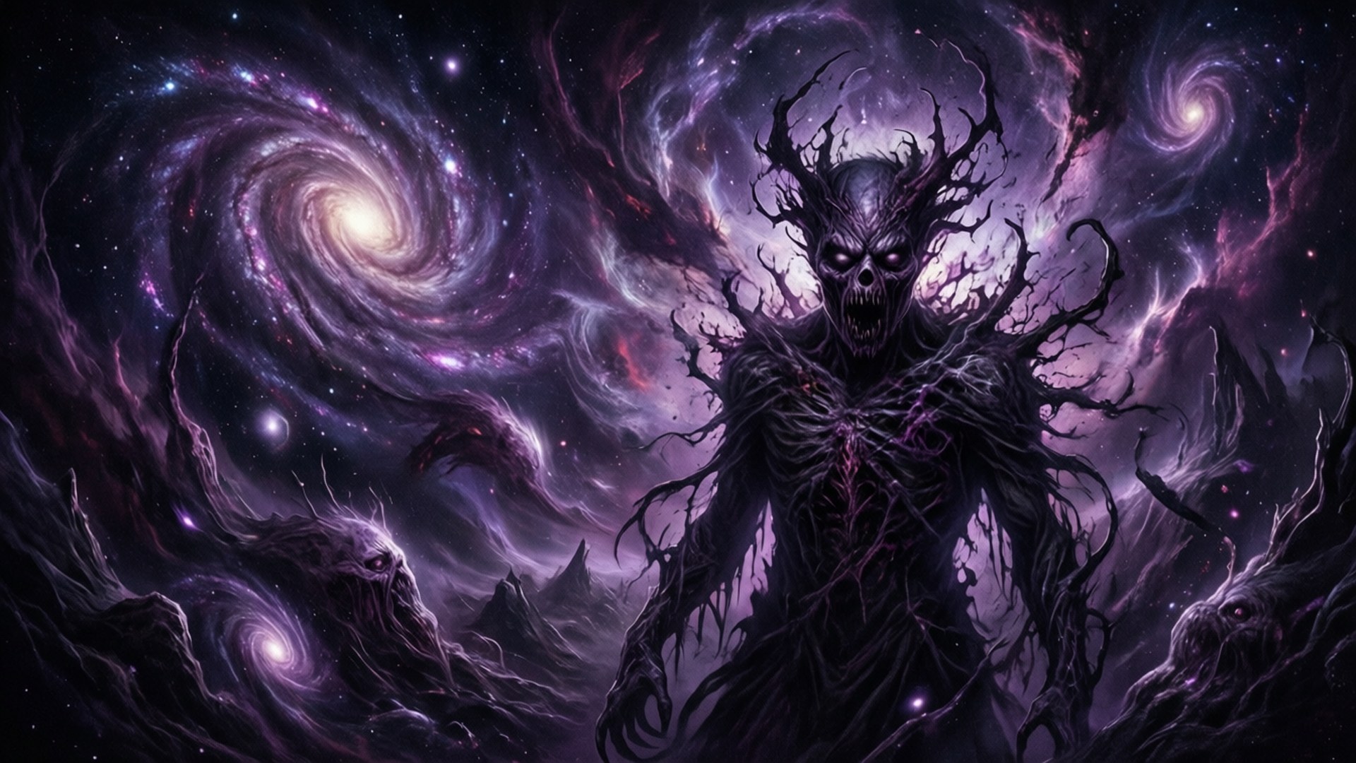 雙眼發光的宇宙恐怖實體，背景是旋轉的紫色星系。
