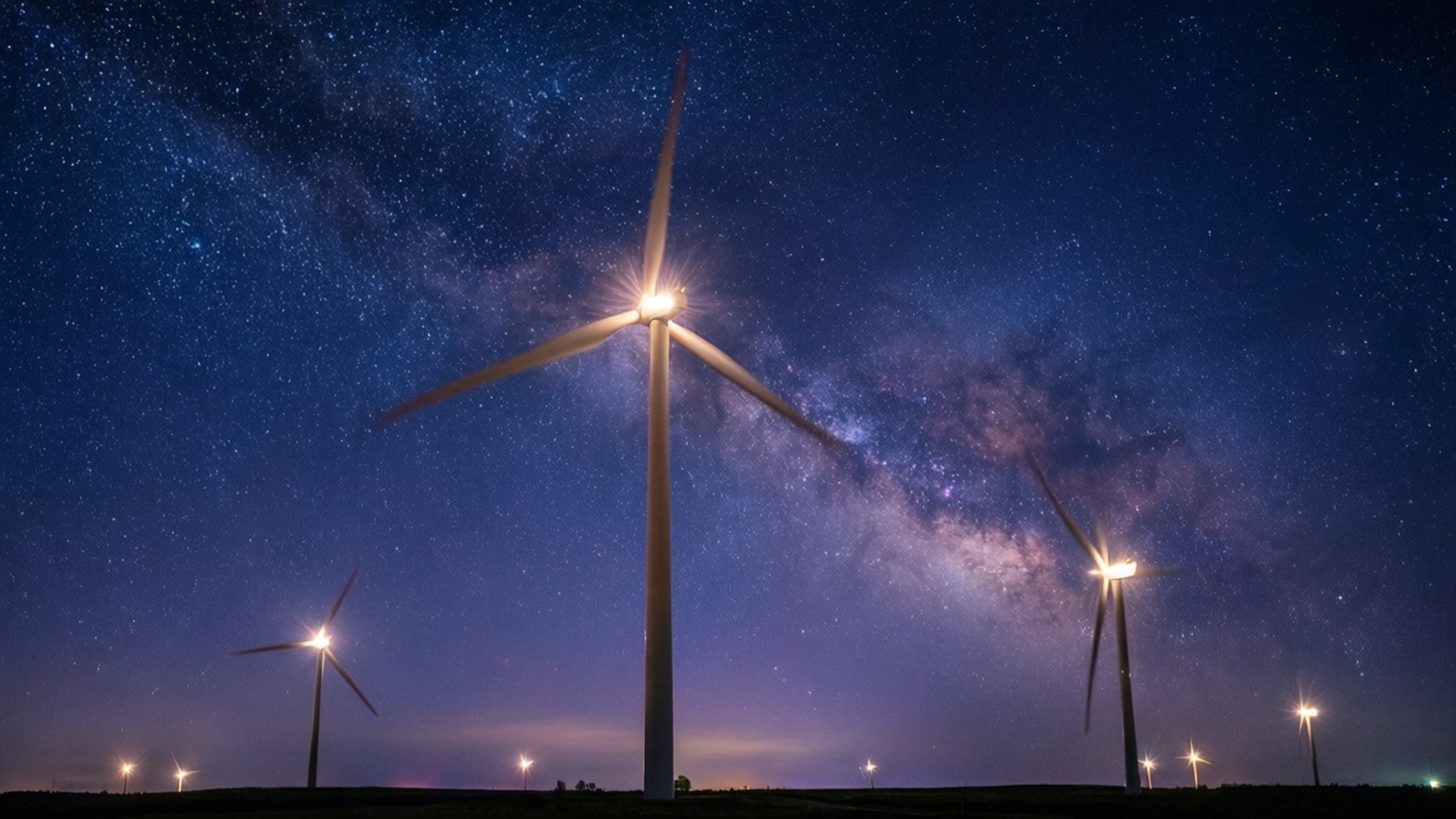 桌布 壁紙 — 高聳的風力渦輪機在繁星點點的夜空下閃耀，銀河拱橋般橫跨其上。