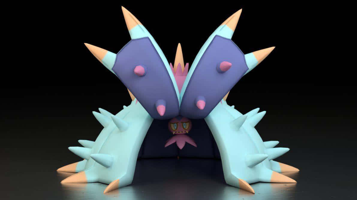 Toxapex 3D 呈現 壁紙 — 一個風格化的3D渲染寶可夢，擁有紫色和青色的尖刺翅膀和粉紅色的臉，從它自己的巨大殼下窺視。