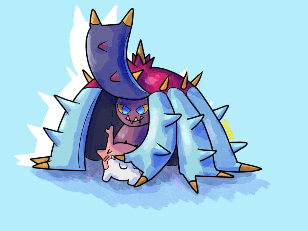 Toxapex 正襲擊哭泣的 Corsola 壁紙 — 一個卡通風格的紫色怪物，穿著藍色尖刺盔甲，黃色眼睛，蹲在淺藍色背景上睡著的粉紅色海星上方。