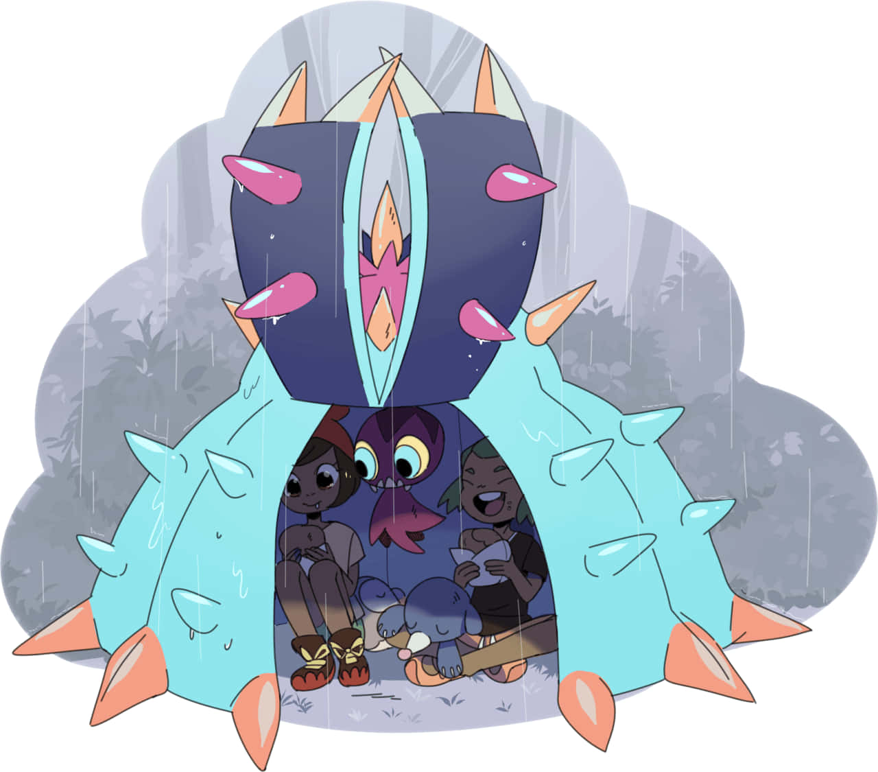 Toxapex 為朋友擋雨 壁紙 — 三個小孩和一個小生物在雨林樹冠下擠在一個巨大的尖刺藍色殼內。