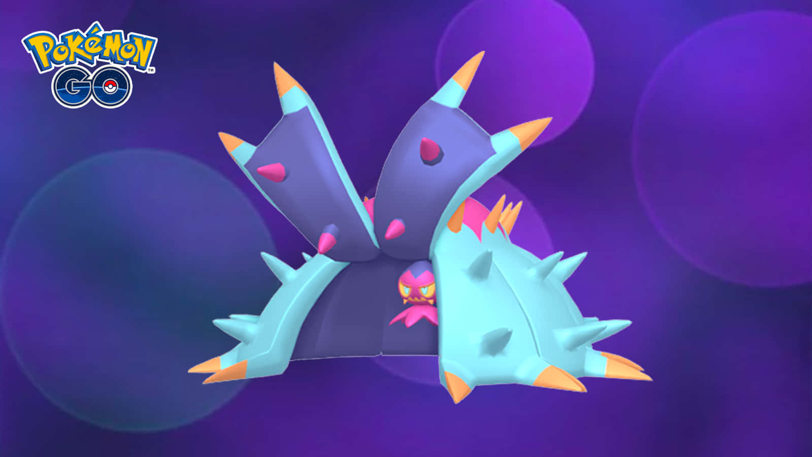 Toxapex 在 Pokémon Go 遊戲中擺姿勢 壁紙 — 一隻風格化的紫色和青色寶可夢，有著尖刺的四肢和發光的眼睛，漂浮在夢幻般的紫色散景背景上。