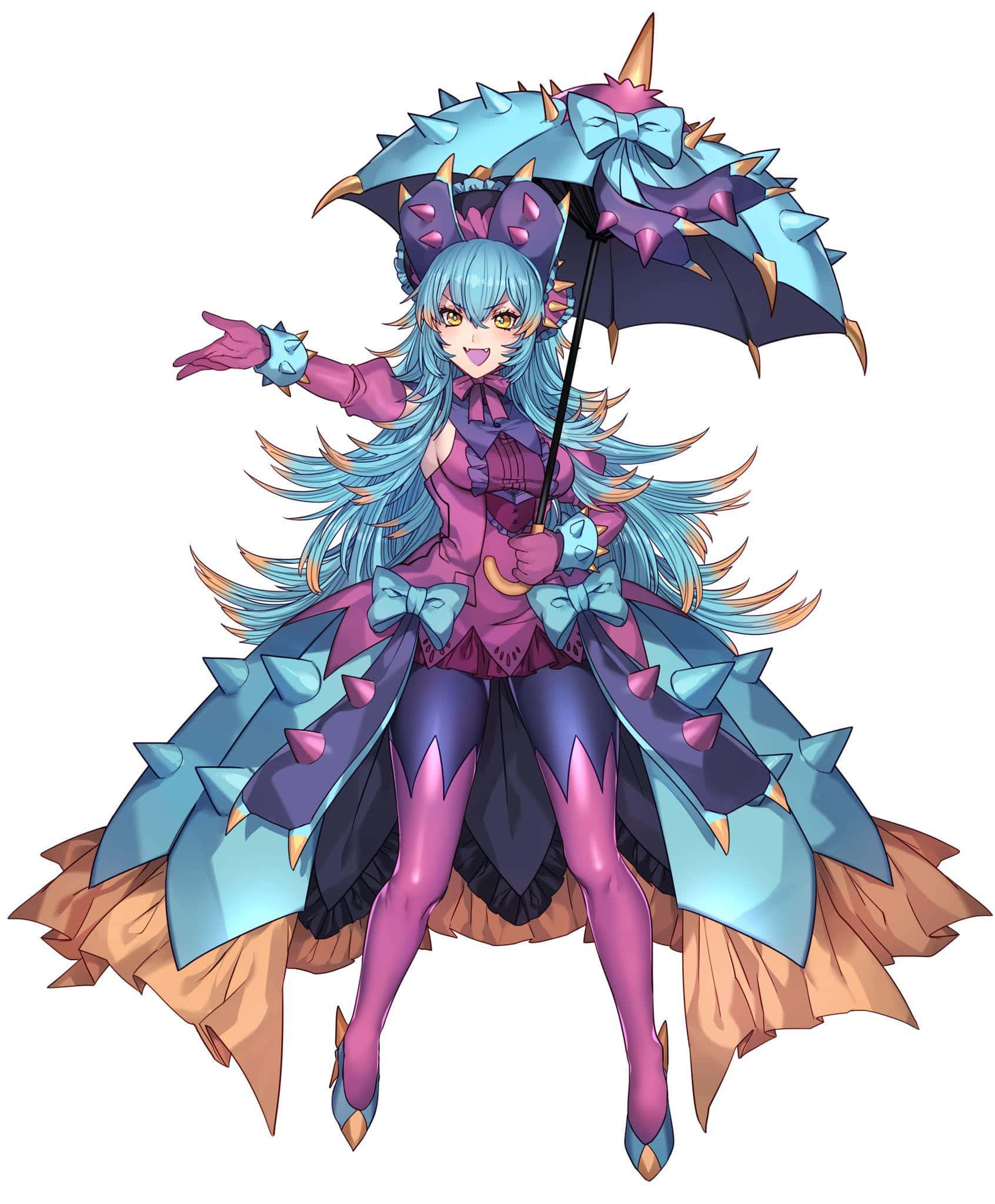 Toxapex 動漫女孩持傘 壁紙 — 一個充滿活力的動漫女孩，藍色頭髮，拿著一把尖刺的藍色雨傘，穿著紫色和藍綠色的哥德式服裝擺姿勢。