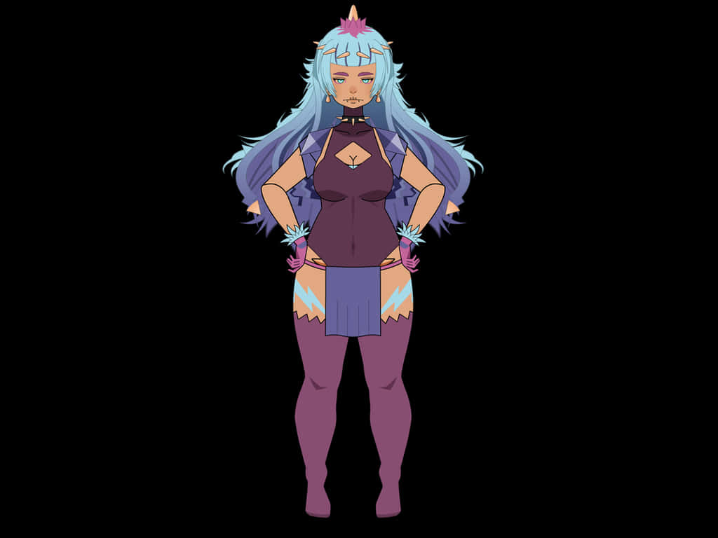 Toxapex 化身人類少女 壁紙 — 一個風格化的動漫女孩，長著藍色長髮，穿著紫色服裝，自信地站在黑色背景前。
