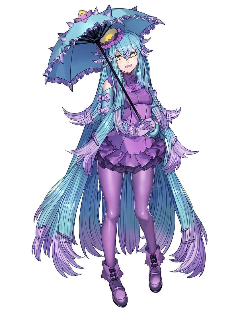 Toxapex 化身可愛動漫女孩 壁紙 — 一個充滿活力的動漫女孩，長著藍色和紫色的長髮，在純白色背景前拿著一把相配的華麗陽傘。