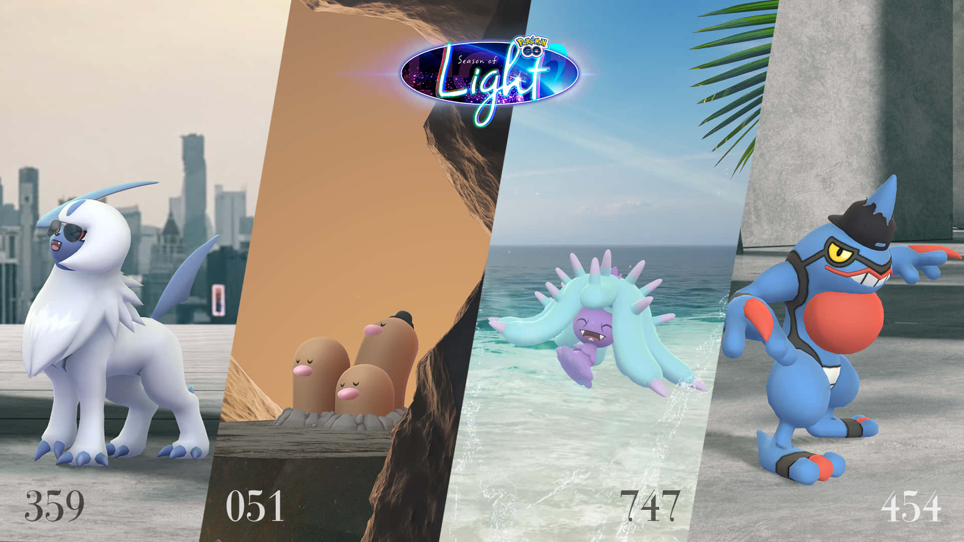 Toxapex 在 Pokémon Go 限定活動中亮相 壁紙 — 來自《寶可夢 劍／盾》「Season of Light」活動的四隻寶可夢，以鮮豔的分割畫面場景展示於城市海灘和沙漠背景中。