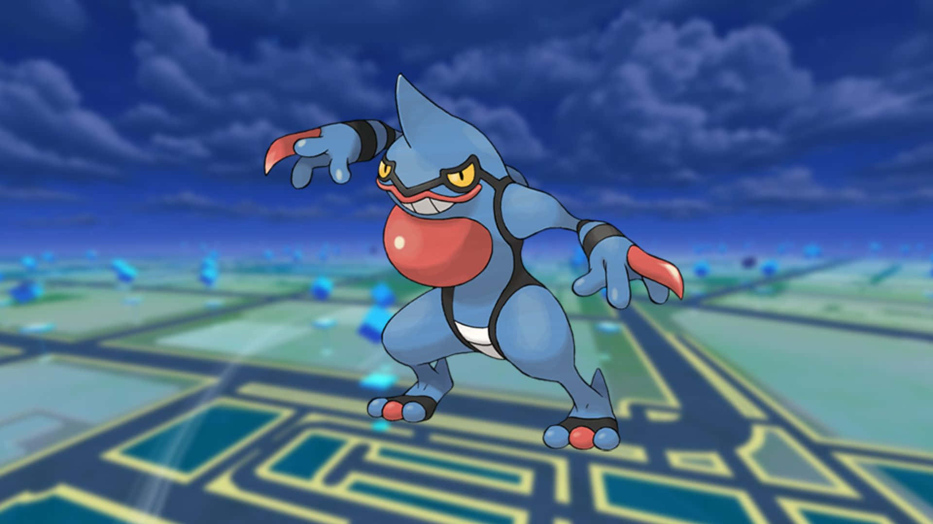 Toxicroak 出現在 Pokemon Go 深藍背景上 壁紙 — 一隻藍色和紅色的寶可夢，擁有鋒利的爪子和黃色的眼睛，在陰天天空下動態地站在發光的網格上。