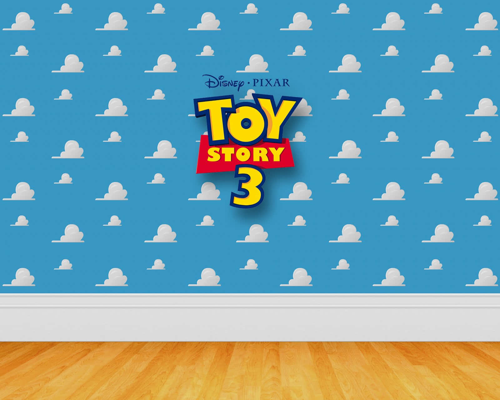 Toy Story Cloud 桌布 壁紙 — Toy Story 3 標誌居中於藍天白雲和木地板的牆紙上。