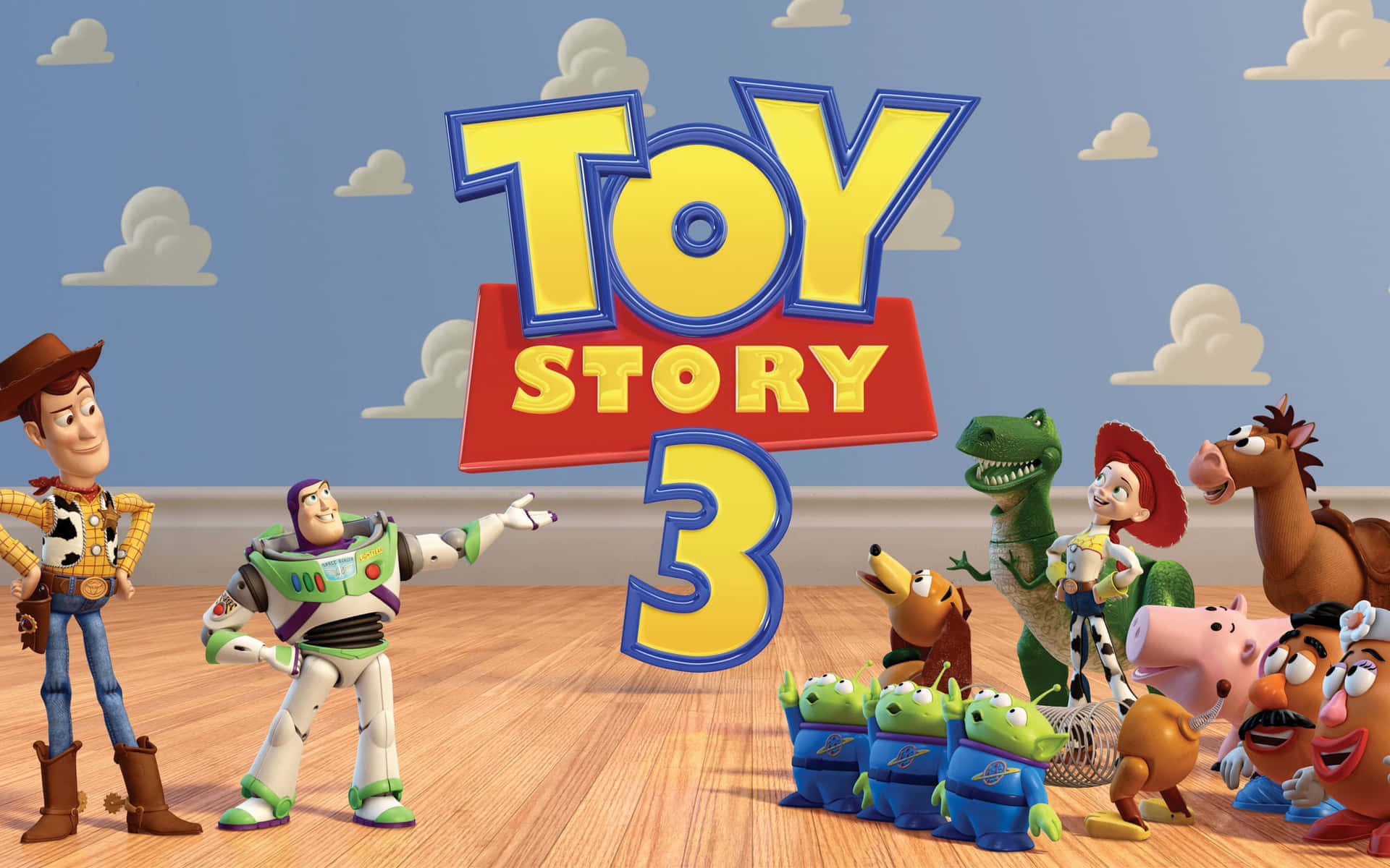 Toy Story Cloud 桌布 壁紙 — Toy Story 3 標題卡，巴斯光年、胡迪和其他玩具在木地板上，藍天白雲下。