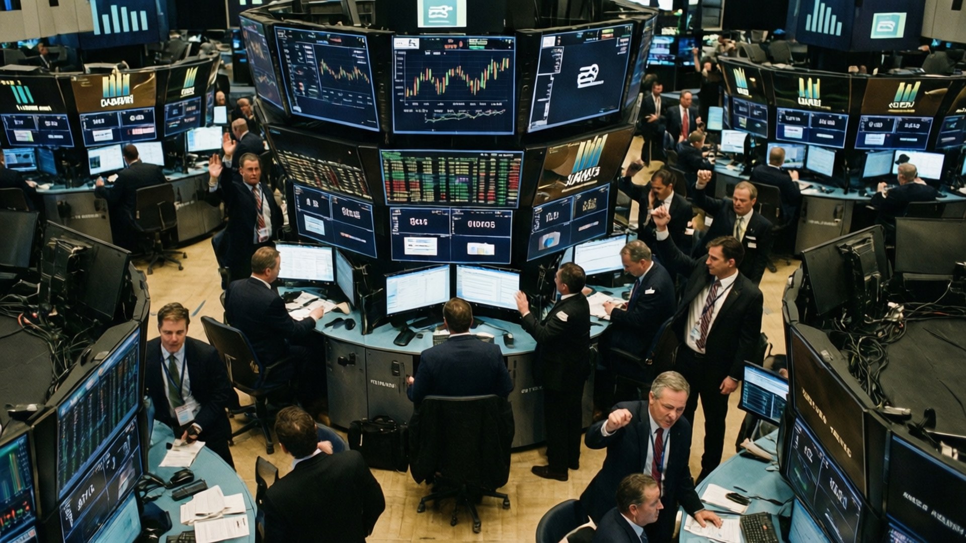 Trading Floor Frenzy 壁紙 — 穿著西裝的交易員在中央交易台周圍急切地做手勢，周圍環繞著顯示股票圖表和數據的發光屏幕。