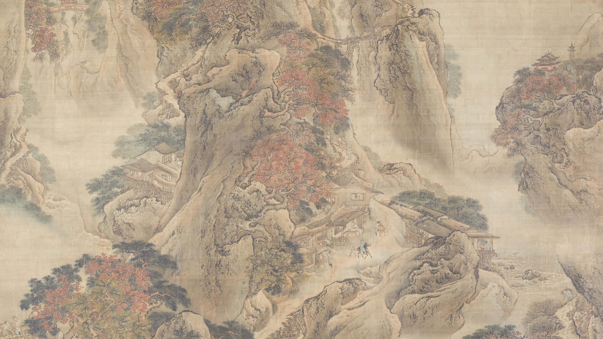  壁紙 — 一幅傳統中國水墨畫描繪了煙霧繚繞的山巒，秋葉點綴其間，木結構建築旁有微小的人物，這些建築坐落在崎嶇的懸崖之間。
