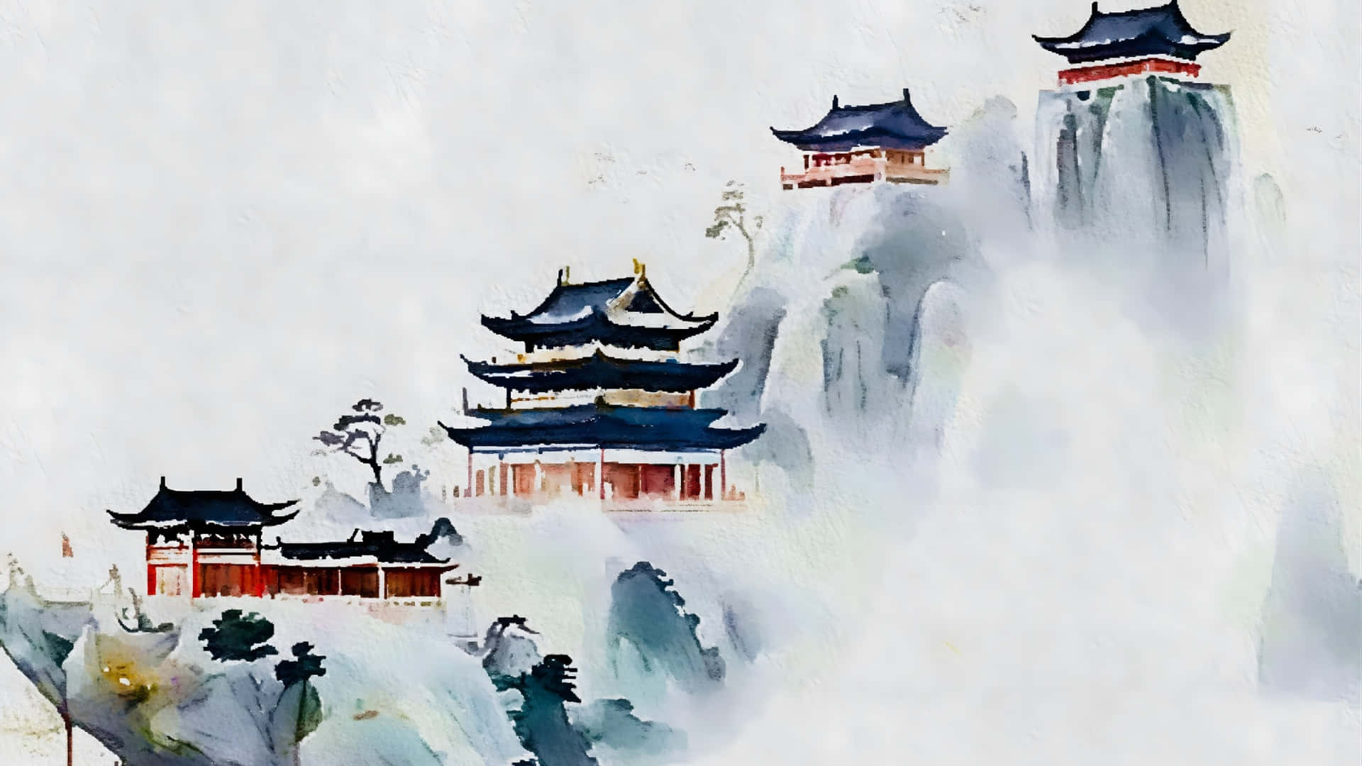  壁紙 — 傳統中式亭閣坐落在雲霧繚繞的山巒之上，呈現寧靜的水彩風景。