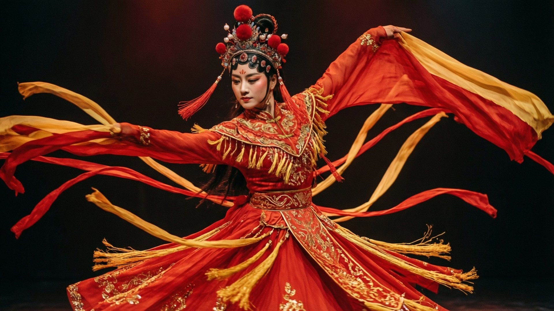 一位身穿華麗紅金色傳統服飾的表演者在舞台上以飄逸的絲帶跳舞。