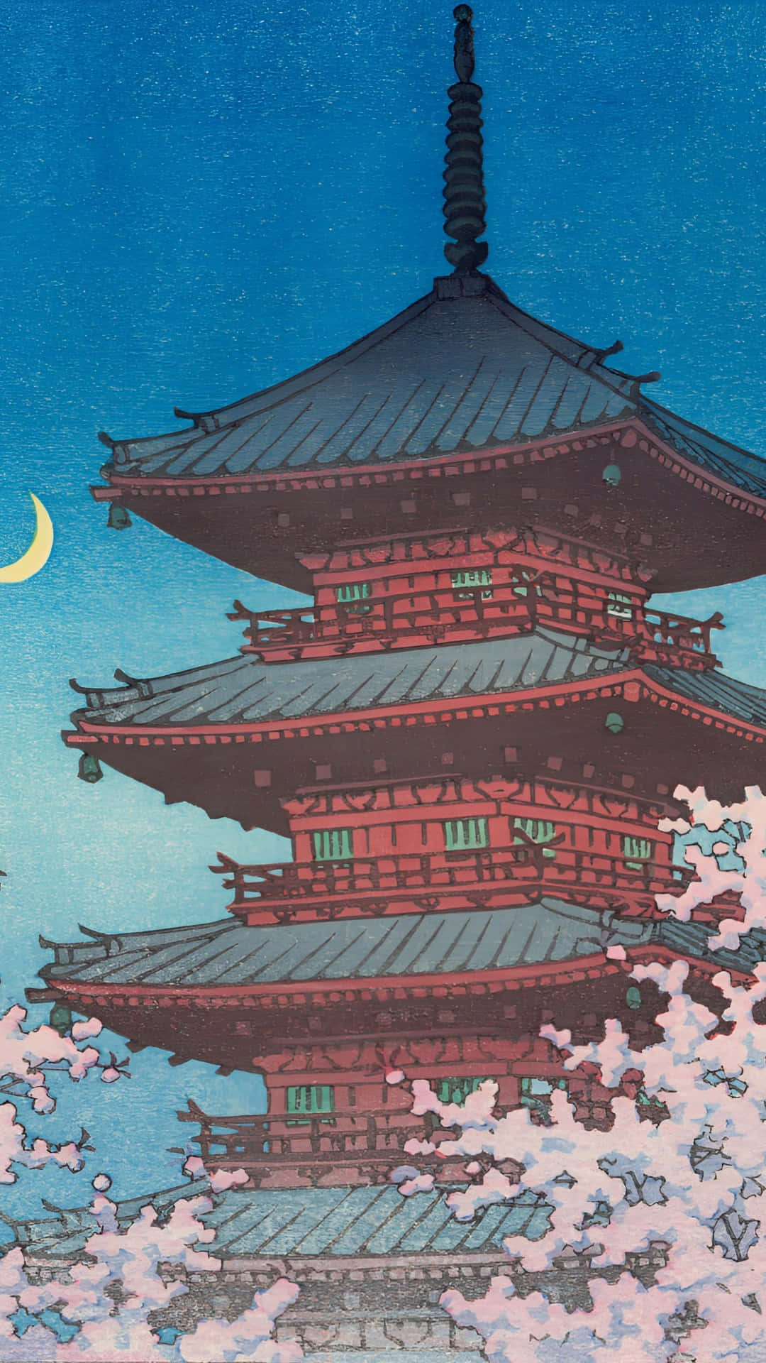  壁紙 — 一座傳統日本寶塔在深藍色夜空下高聳，新月和粉紅櫻花在塔底旋轉飄舞。