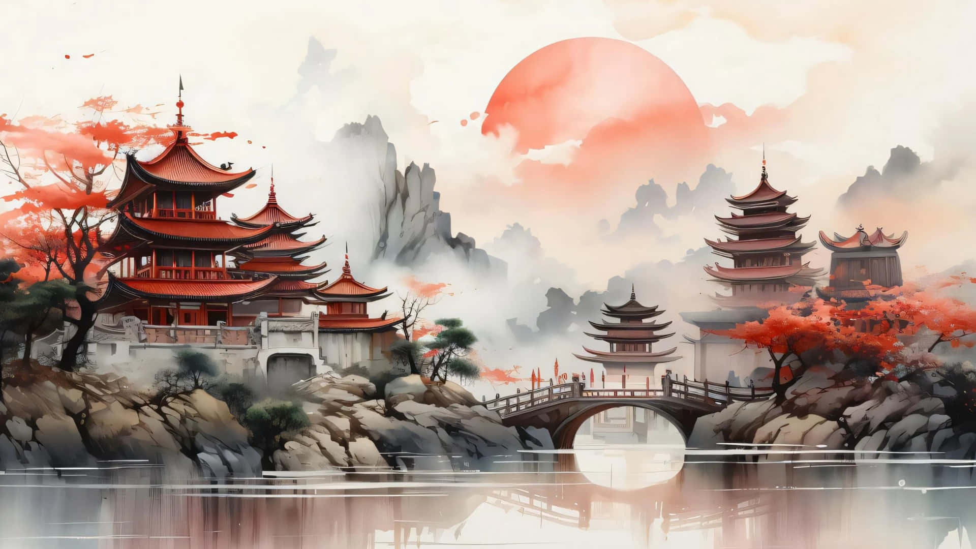  壁紙 — 傳統紅色寶塔和石橋在霧氣繚繞的山巒中，倒映在平靜的水面上，上方是一輪巨大的橙色太陽。