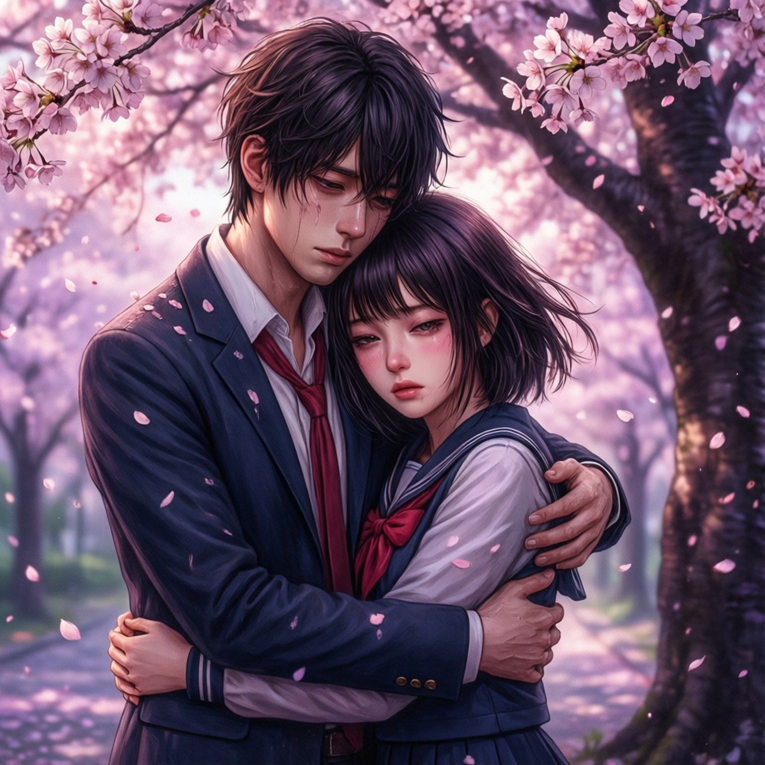 Tragic Embrace 壁紙 — 一對穿著校服的溫柔動漫情侶在盛開的櫻花樹下擁抱，粉紅色的花瓣在他們周圍飄落。