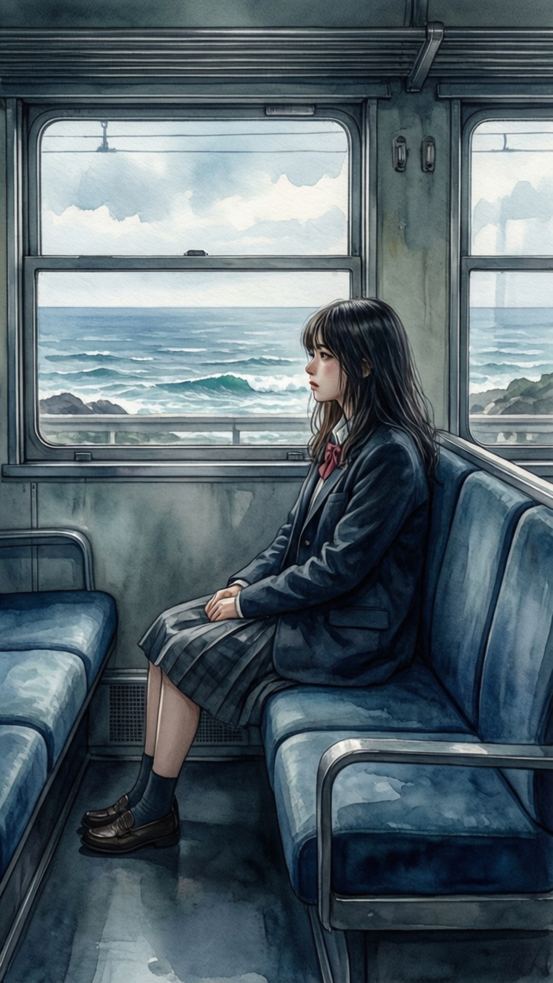 一個穿著校服的女孩坐在火車長椅上，透過濕漉漉的窗戶看著波濤洶湧的海洋。