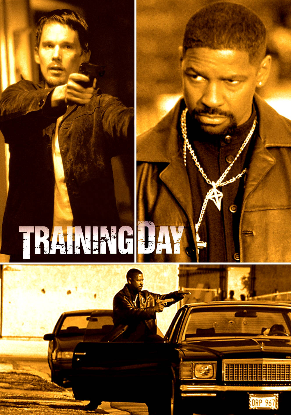 《Training Day》舊版海報 壁紙 — 《訓練日》的分屏電影海報，展示演員丹佐·華盛頓和伊森·霍克在 gritty 城市場景中的緊張槍口對峙場面。