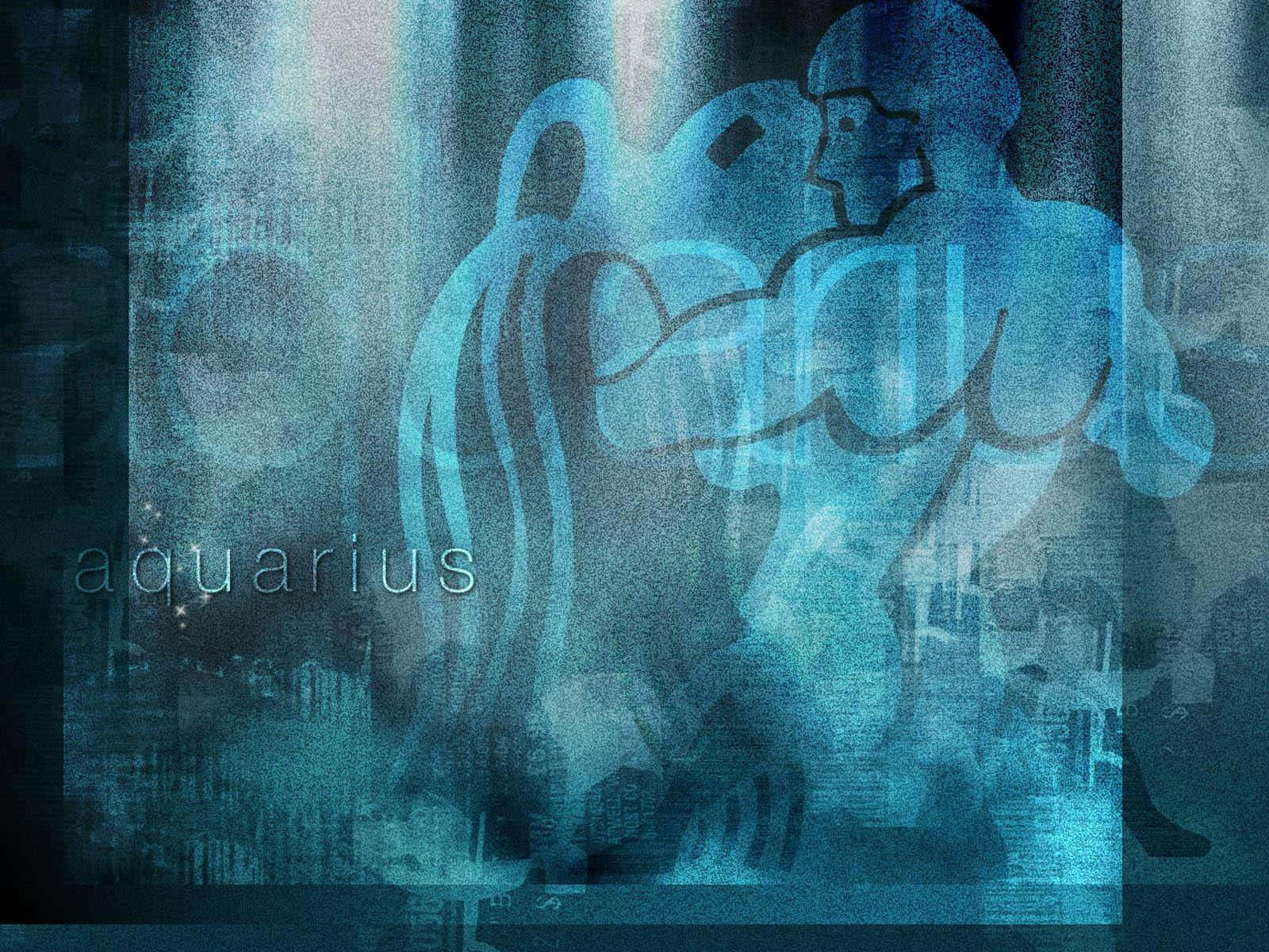 aquarius 桌布 壁紙 — 半透明藍色水瓶座星座人物在夢幻般的數碼藝術構圖中將水傾瀉到城市景觀上。