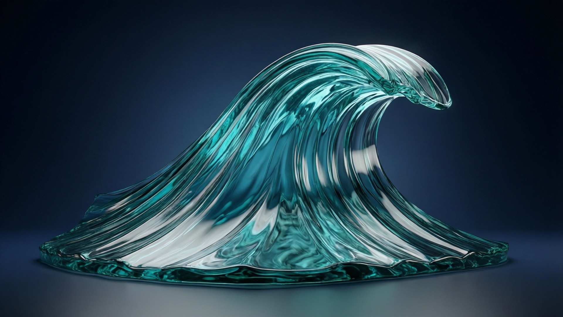 Angled Wave 桌布 壁紙 — 一個半透明的綠松石玻璃雕塑，形狀像一個捲曲的海浪，背景是深藍色。