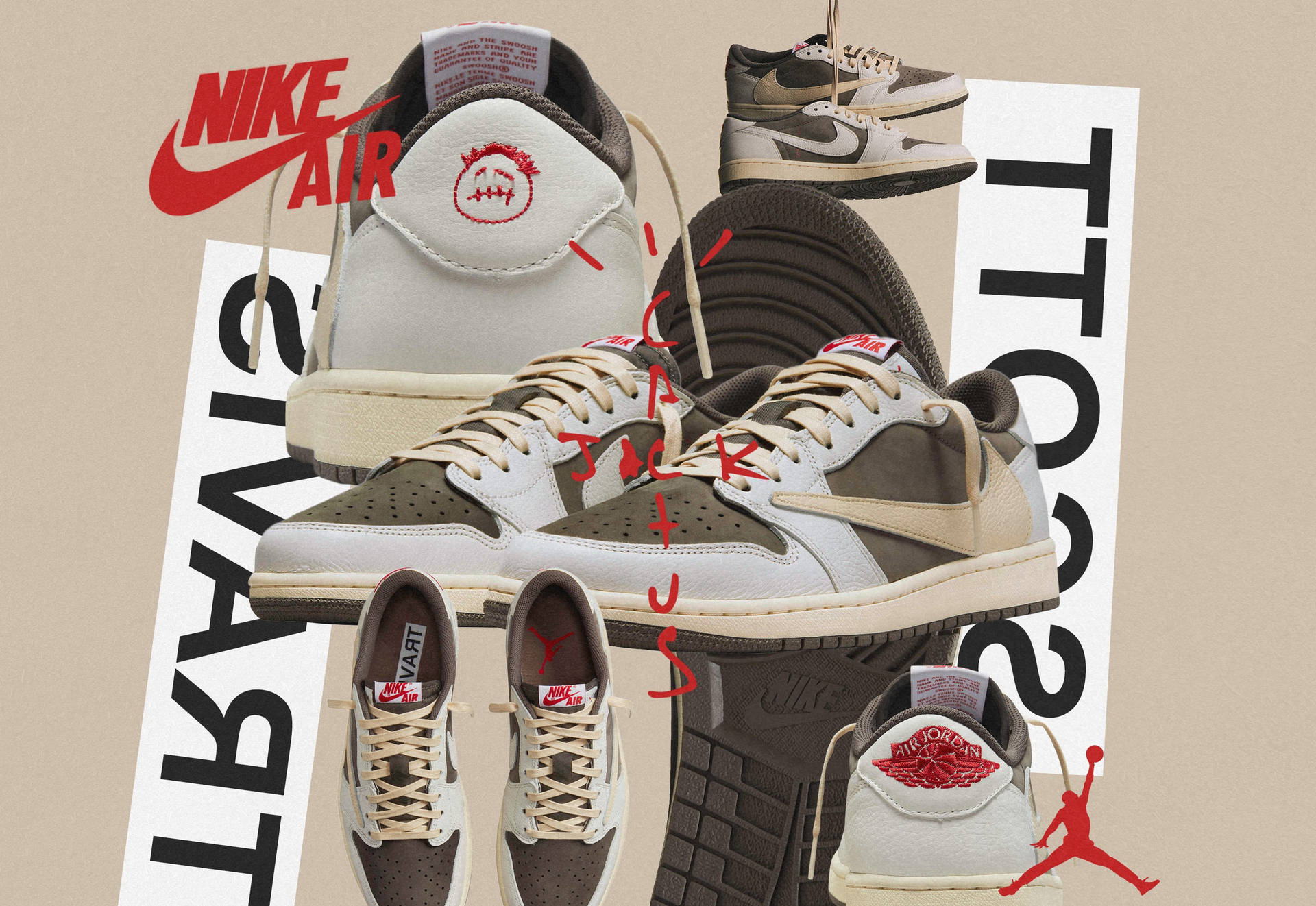Travis Scott x Nike Air Jordan 運動鞋系列拼貼畫，搭配大膽的品牌標識。
